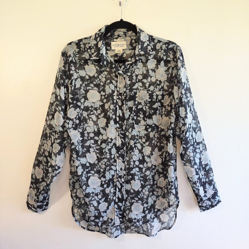 Ralph Lauren Boho Sheer Floral Blouse Button Up Garden Indie Coquette Size Small